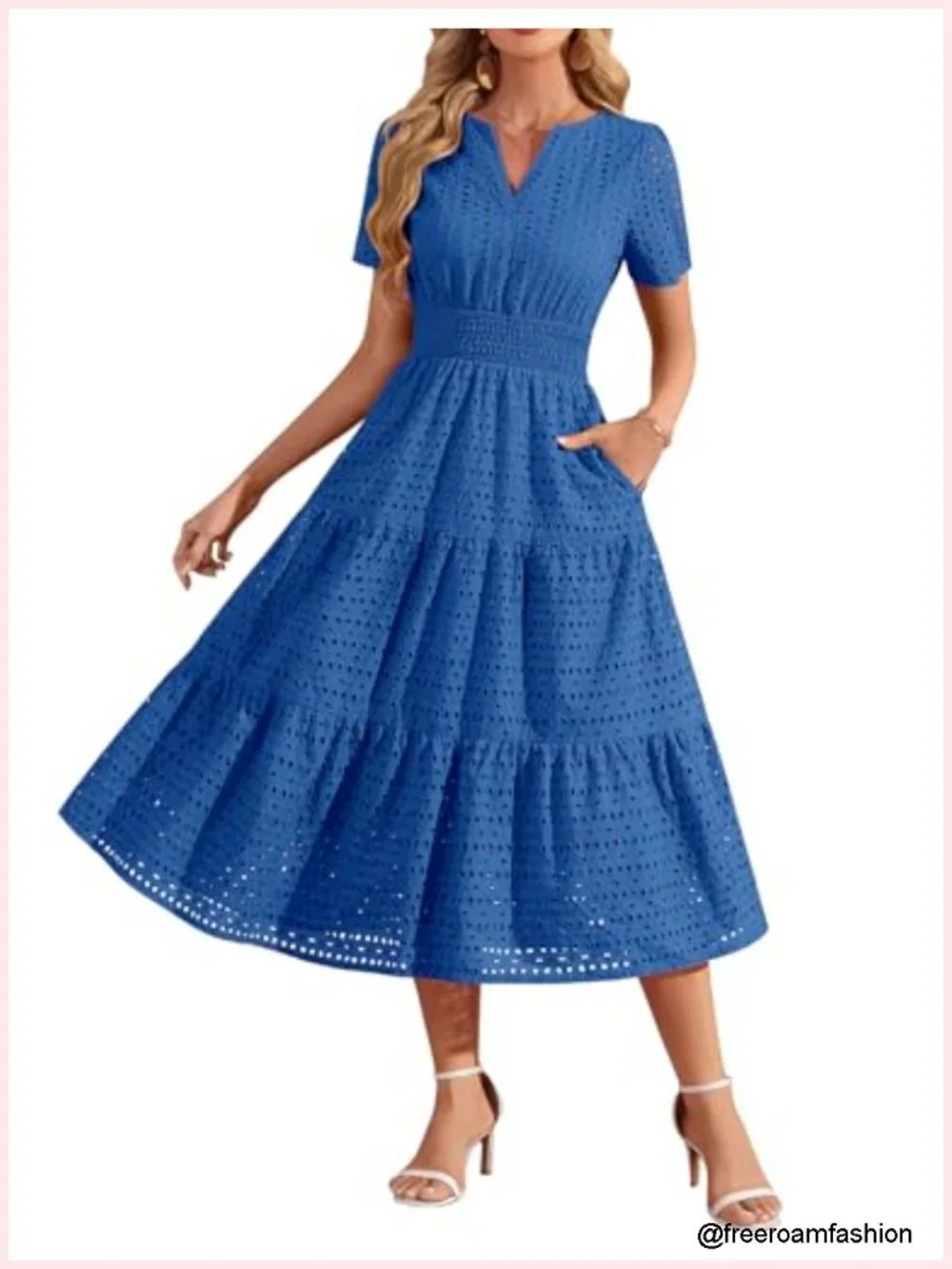 Eyelet Short Sleeve Midi Dress Smocked V Neck Hollow Out Casual Dress with